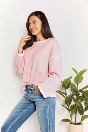 Chic Minimalist Blush Pink Long Sleeve Knit Top