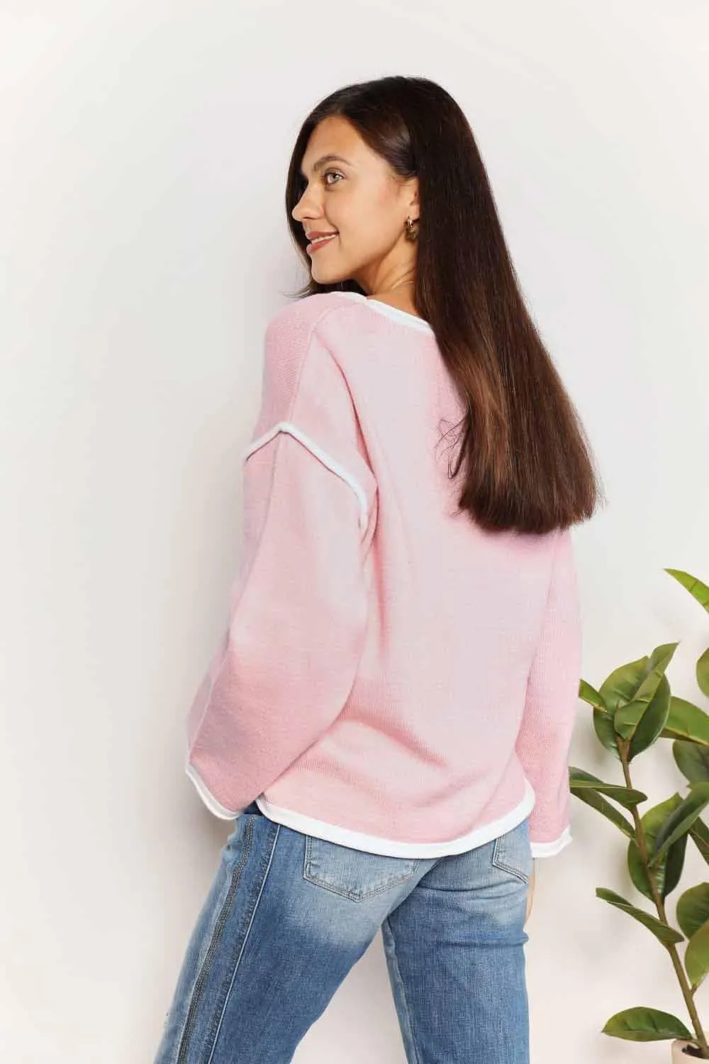 Chic Minimalist Blush Pink Long Sleeve Knit Top