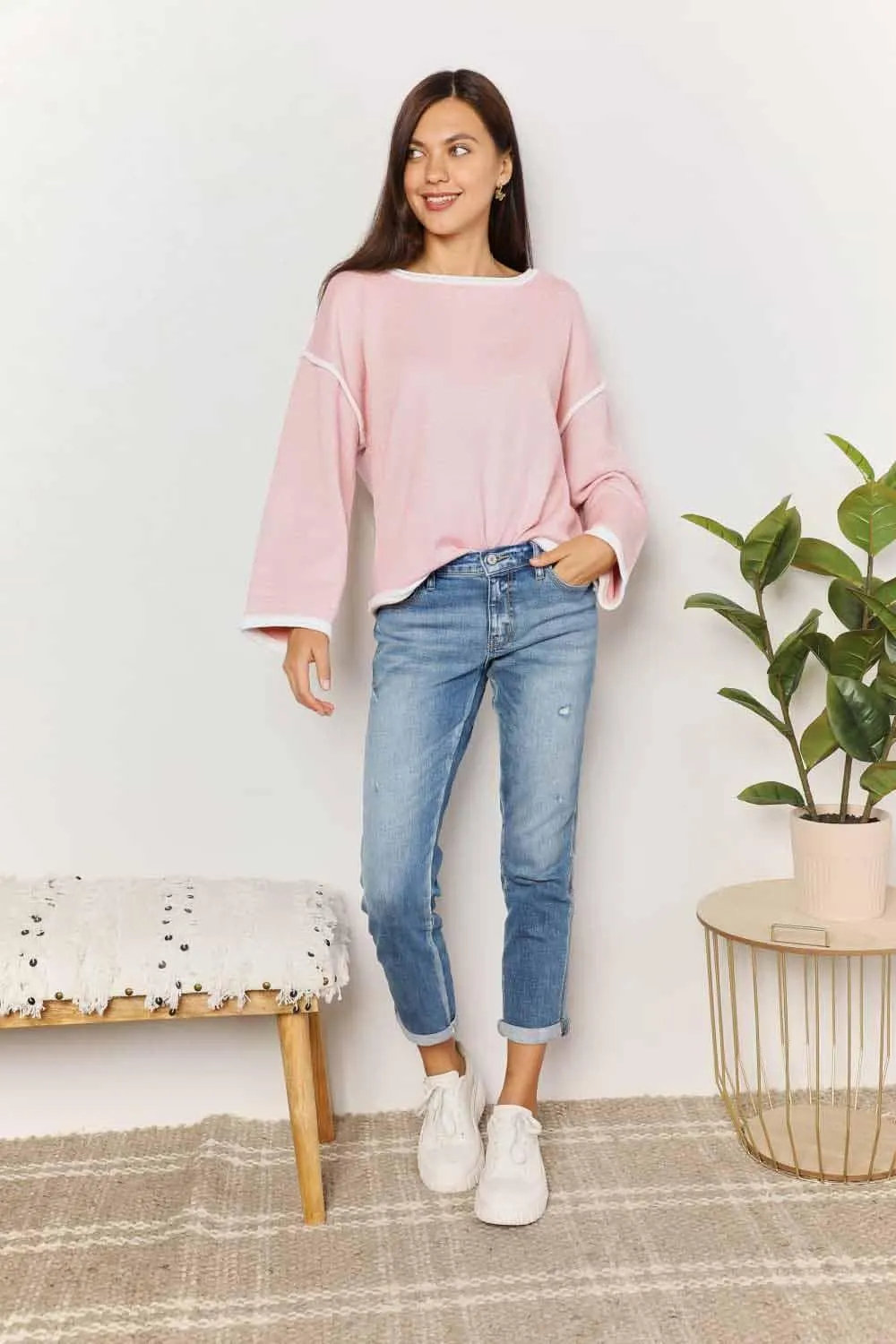 Chic Minimalist Blush Pink Long Sleeve Knit Top