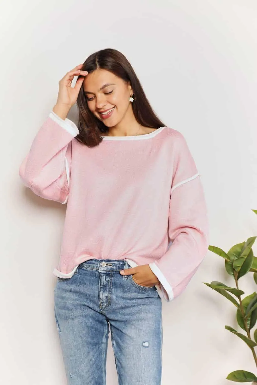 Chic Minimalist Blush Pink Long Sleeve Knit Top