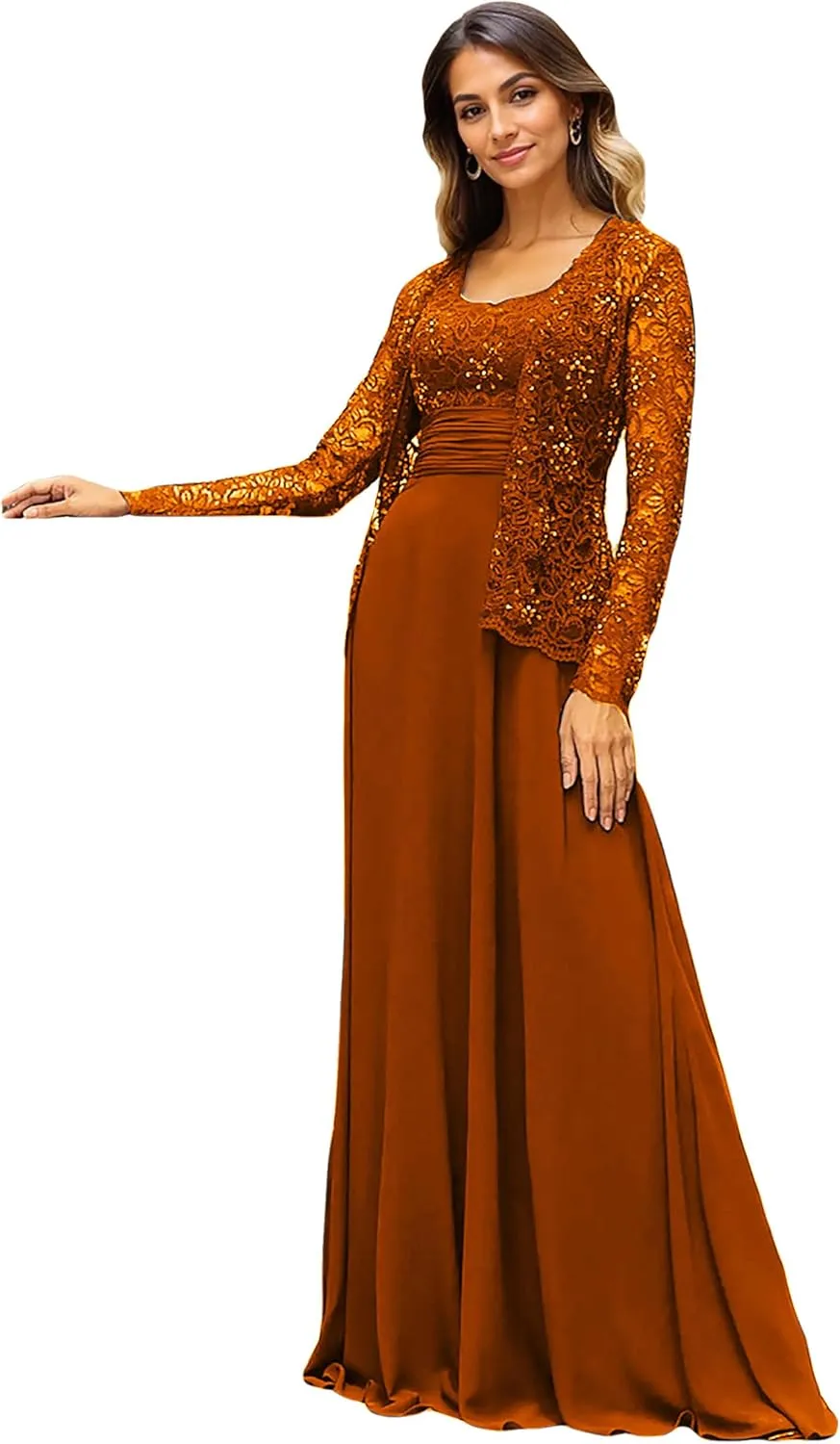 Chiffon Mother of The Bride Dresses for Women Long Sleeve Evening Gown Formal Dresses for Wedding Guest with Jackets