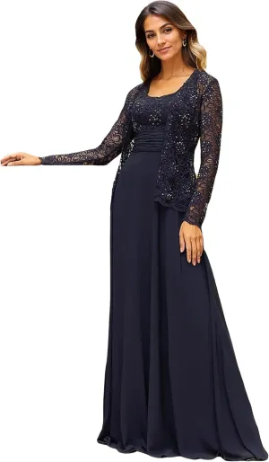 Chiffon Mother of The Bride Dresses for Women Long Sleeve Evening Gown Formal Dresses for Wedding Guest with Jackets