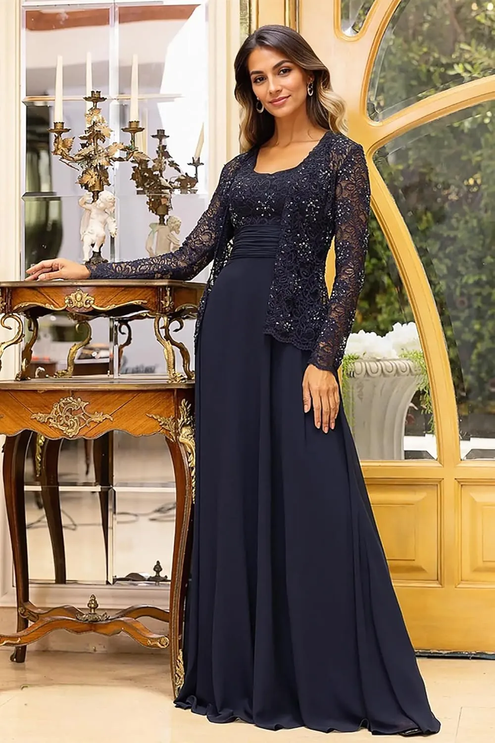 Chiffon Mother of The Bride Dresses for Women Long Sleeve Evening Gown Formal Dresses for Wedding Guest with Jackets