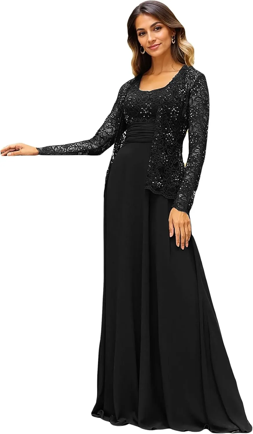 Chiffon Mother of The Bride Dresses for Women Long Sleeve Evening Gown Formal Dresses for Wedding Guest with Jackets
