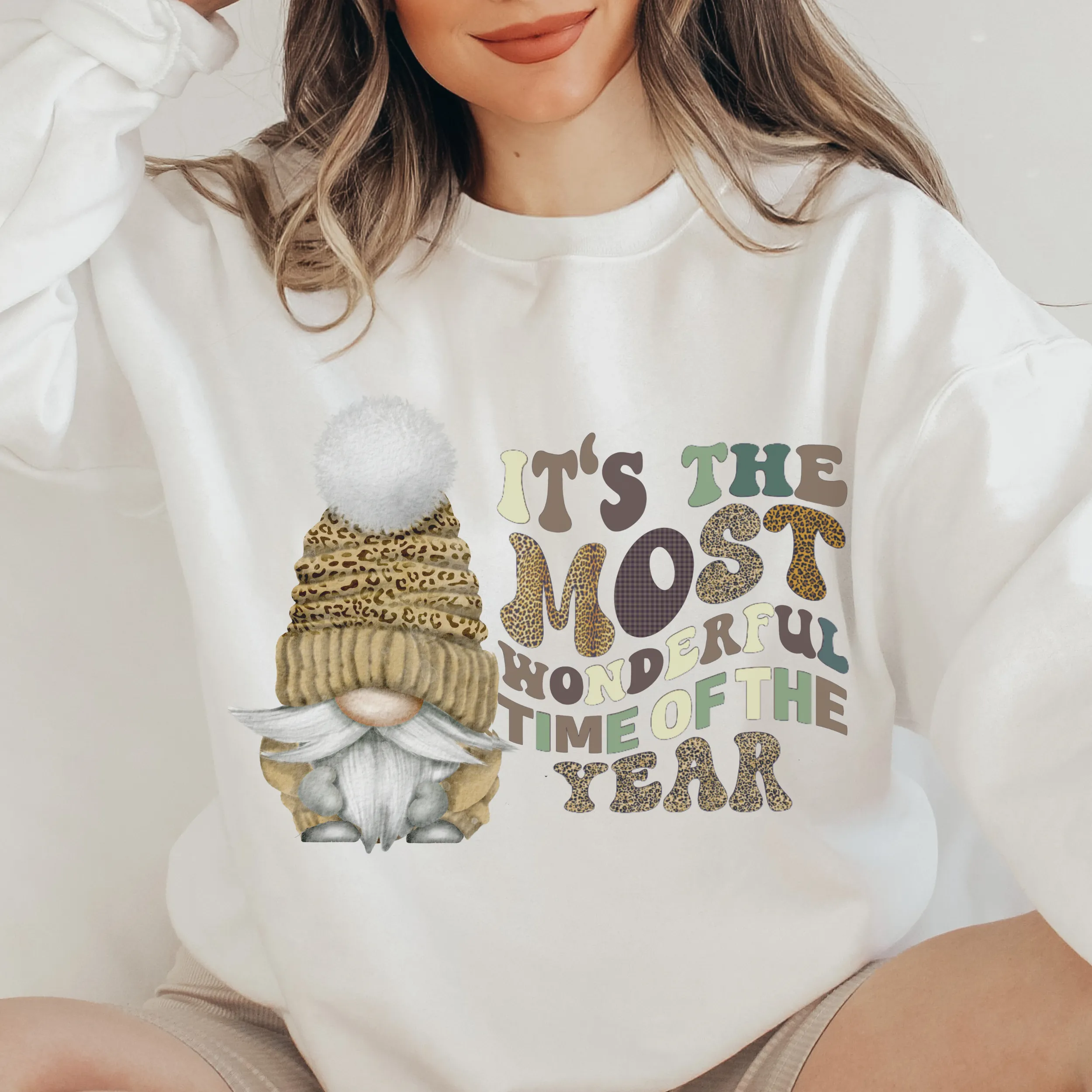 Christmas Crewneck Sweatshirt Retro Pullover Ash, Sand, or White Cozy Soft Gildan Sweatshirt Cute Gnome in Sweater Cap