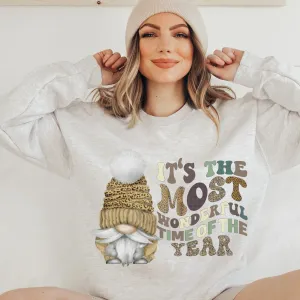 Christmas Crewneck Sweatshirt Retro Pullover Ash, Sand, or White Cozy Soft Gildan Sweatshirt Cute Gnome in Sweater Cap