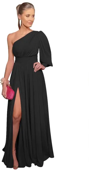 Clothfun Womens Puffy Long Sleeve Prom Dresses with Pockets One Shoulder Split Chiffon Formal Evening Gowns