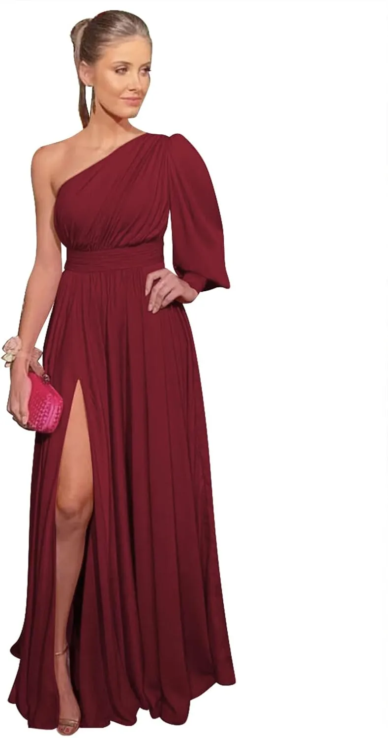 Clothfun Womens Puffy Long Sleeve Prom Dresses with Pockets One Shoulder Split Chiffon Formal Evening Gowns