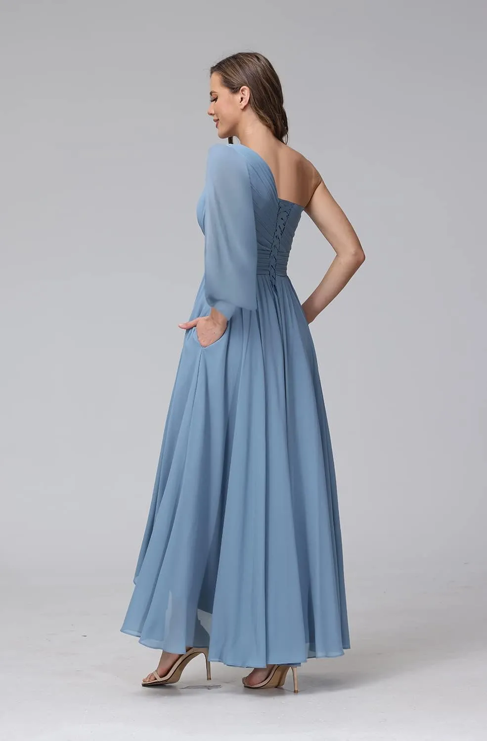 Clothfun Womens Puffy Long Sleeve Prom Dresses with Pockets One Shoulder Split Chiffon Formal Evening Gowns