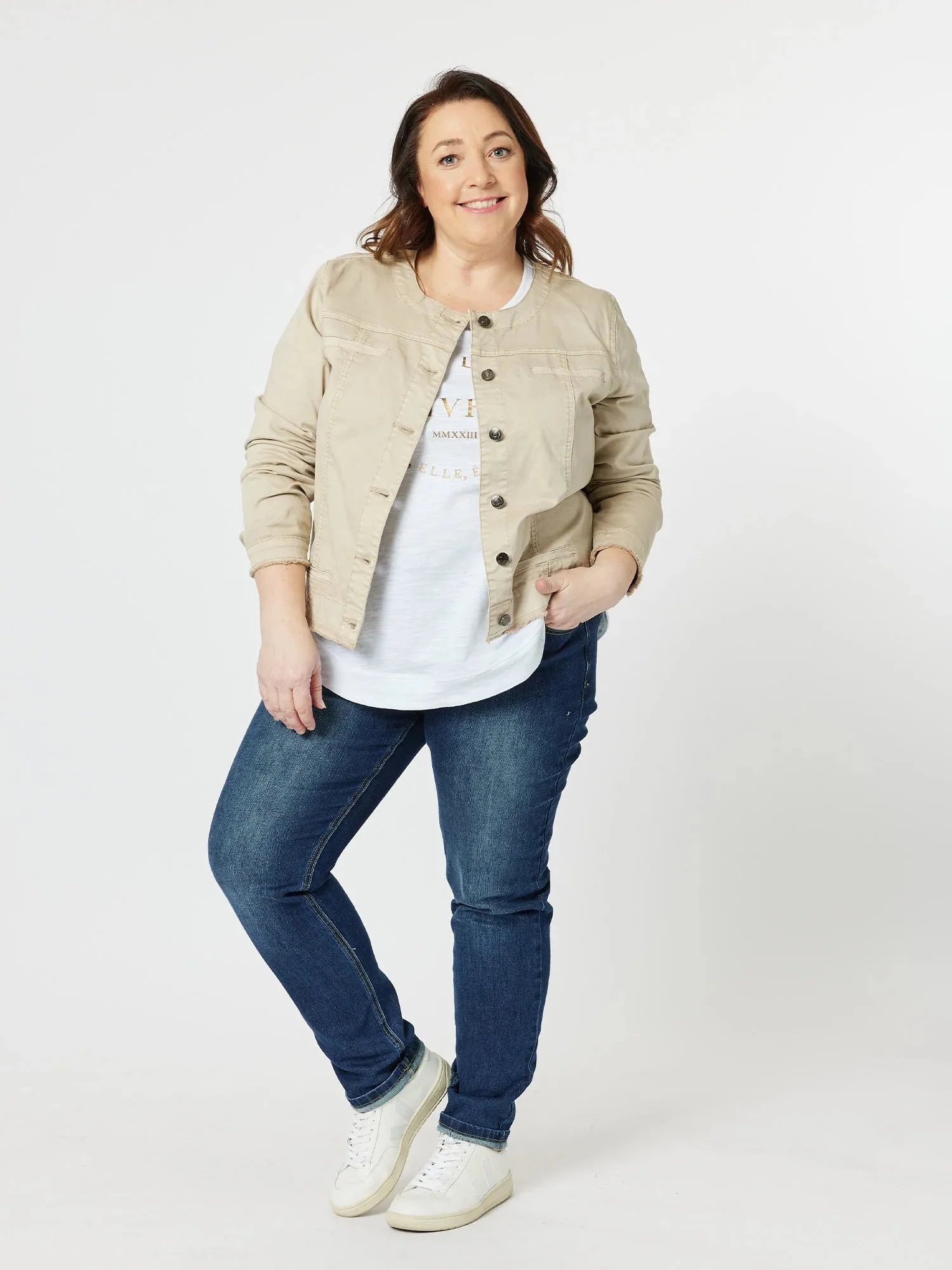 COLLARLESS DENIM JACKET NATURAL