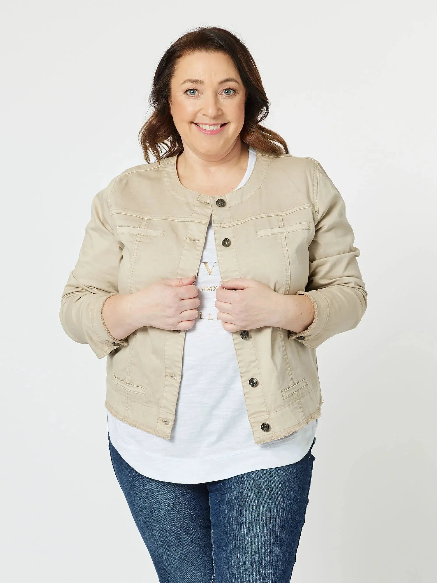 COLLARLESS DENIM JACKET NATURAL