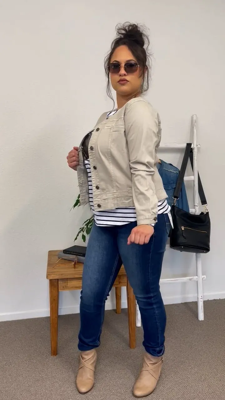 COLLARLESS DENIM JACKET NATURAL