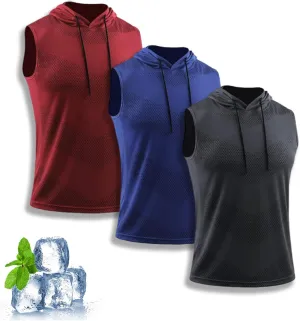 Convenientto 3-Pack Sleeveless Hooded Workout Shirts, Men's Quick-Dry Gym Hiking Sports Breathable Tee