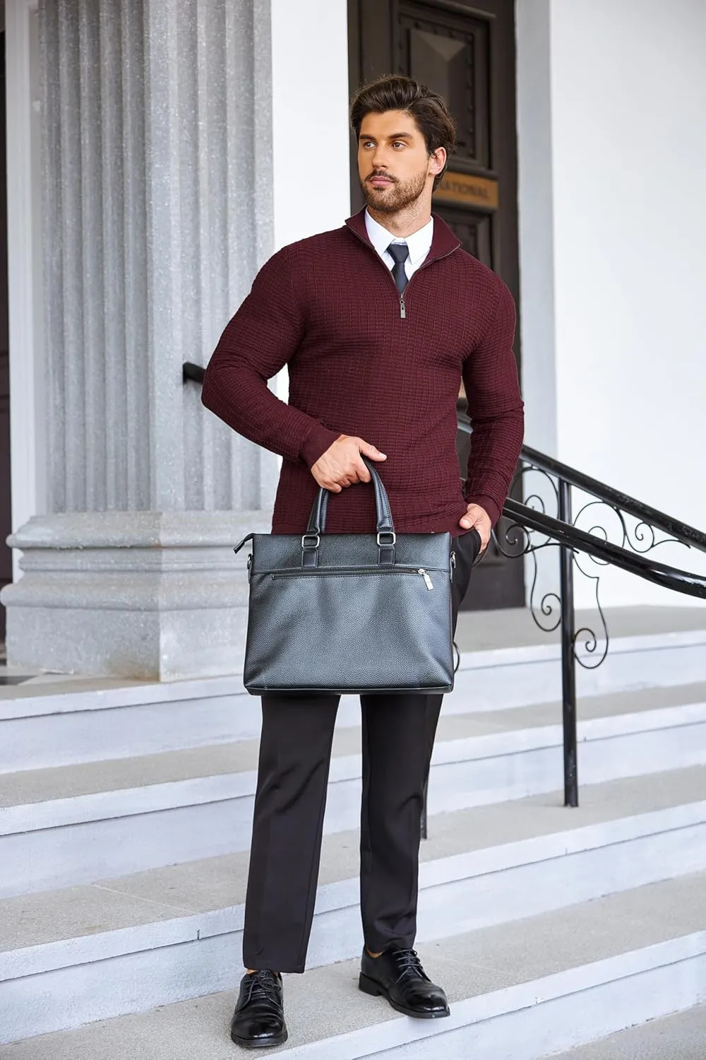 COOFANDY Men's Quarter Zip Sweaters Slim Fit Lightweight Cotton Knitted Casual Mock Neck Pullover Sweaters