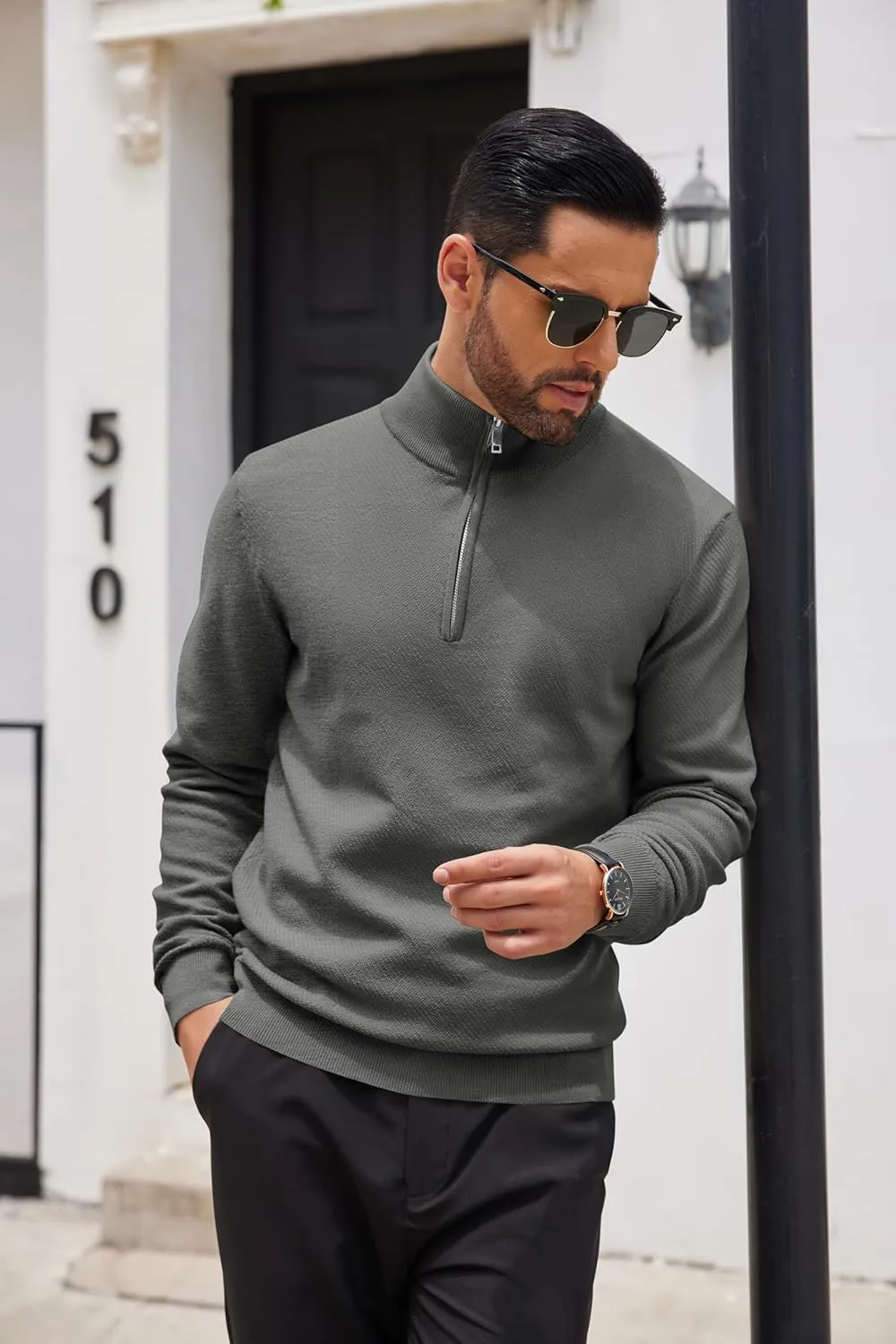 COOFANDY Men's Quarter Zip Up Sweaters Slim Fit Casual Long Sleeve Knitted Mock Neck Pullover Sweaters