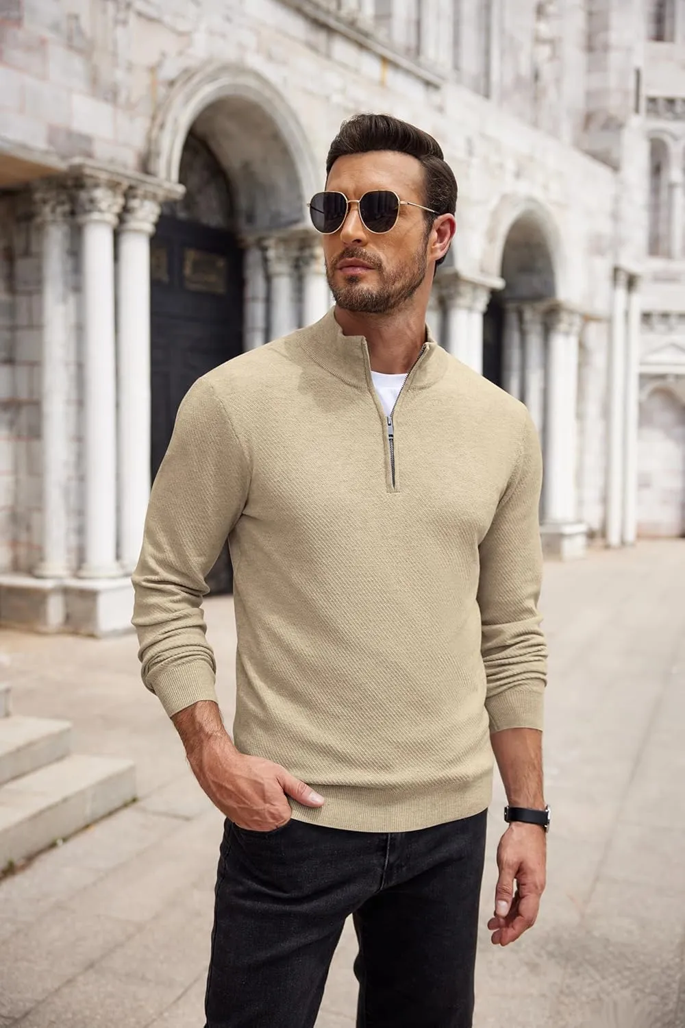 COOFANDY Men's Quarter Zip Up Sweaters Slim Fit Casual Long Sleeve Knitted Mock Neck Pullover Sweaters