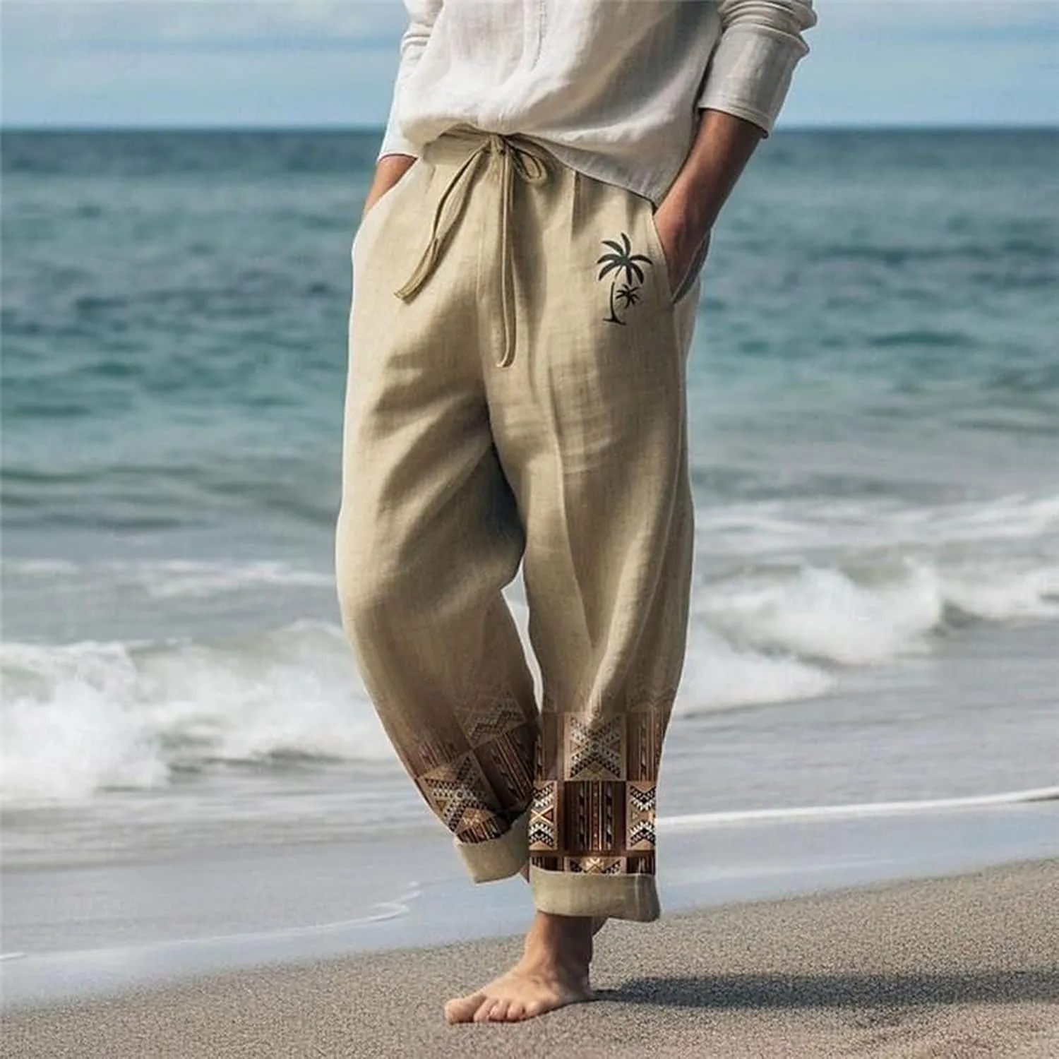 Cotton Linen Pants for Mens Lightweight Drawstring Regular Fit Trousers Casual Summer Breathable Straight Leg Cropped Pants