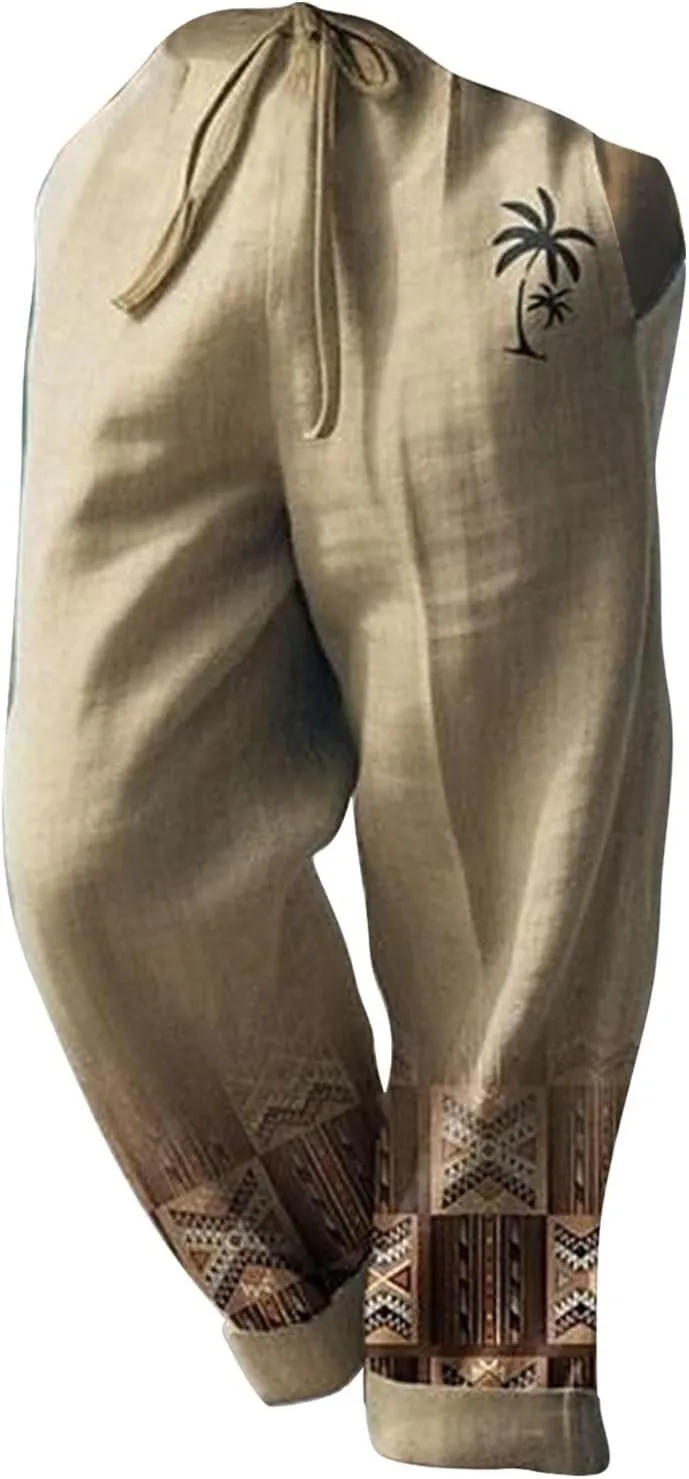 Cotton Linen Pants for Mens Lightweight Drawstring Regular Fit Trousers Casual Summer Breathable Straight Leg Cropped Pants