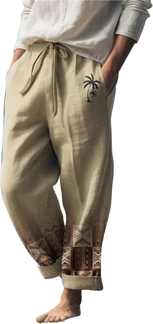 Cotton Linen Pants for Mens Lightweight Drawstring Regular Fit Trousers Casual Summer Breathable Straight Leg Cropped Pants