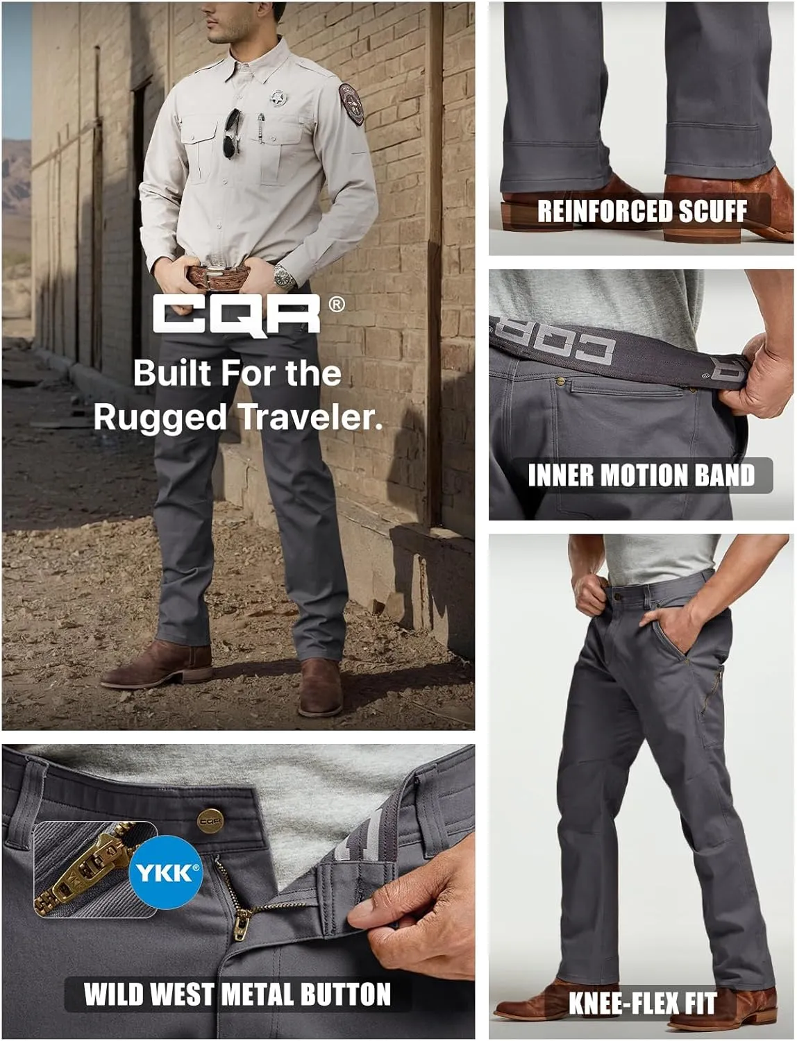 CQR Men's Motion Utility Casual Pants, Regular Fit Lightweight Work Pants, Water Resistant Outdoor Stretch Pants with Pockets