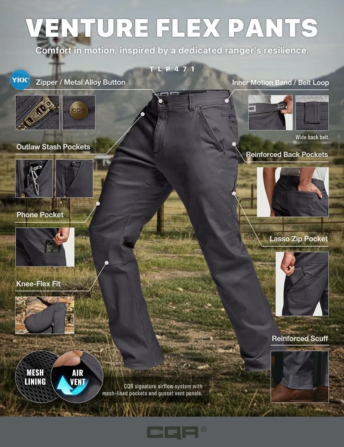 CQR Men's Motion Utility Casual Pants, Regular Fit Lightweight Work Pants, Water Resistant Outdoor Stretch Pants with Pockets