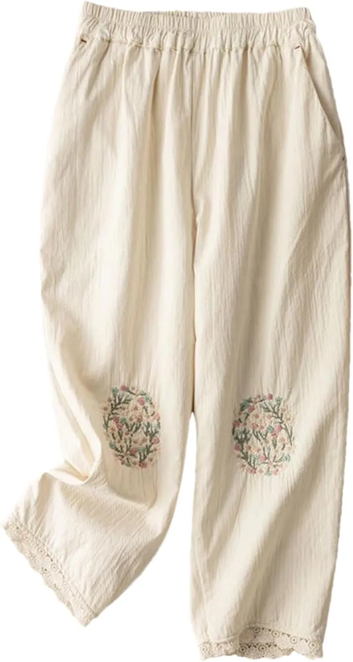 Dndrdhfb Women's Cotton Wide Leg Pants Elastic Waist Trousers Casual Breathable Harem Pants