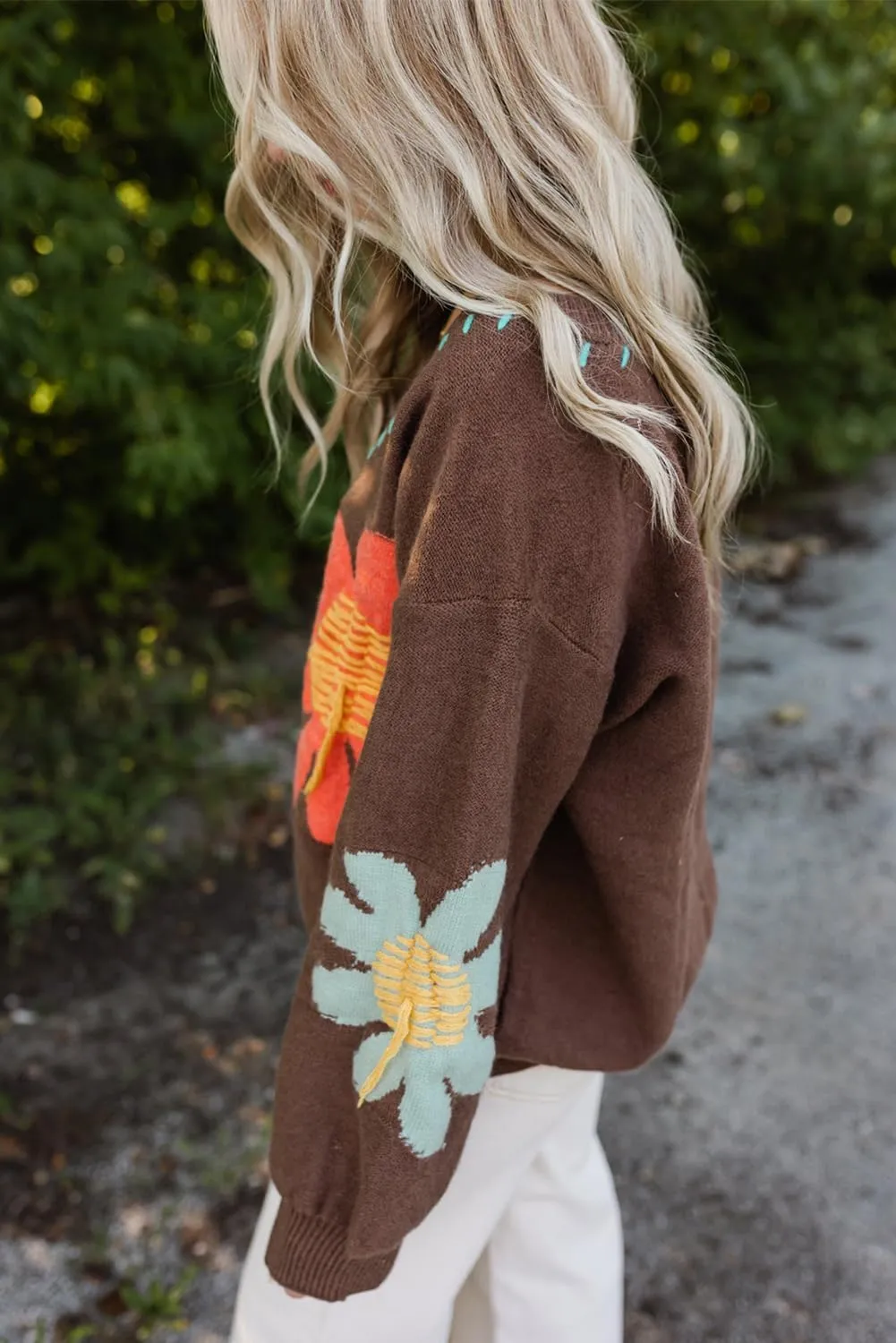 EARKOHA Womens Winter Sweater Top 2024 Long Sleeve Fall Casual V Neck Coffee Big Flower Pattern V Neck Drop Shoulder Sweater