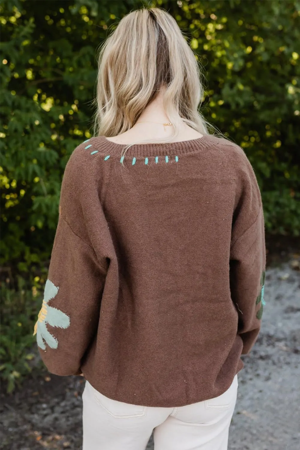 EARKOHA Womens Winter Sweater Top 2024 Long Sleeve Fall Casual V Neck Coffee Big Flower Pattern V Neck Drop Shoulder Sweater