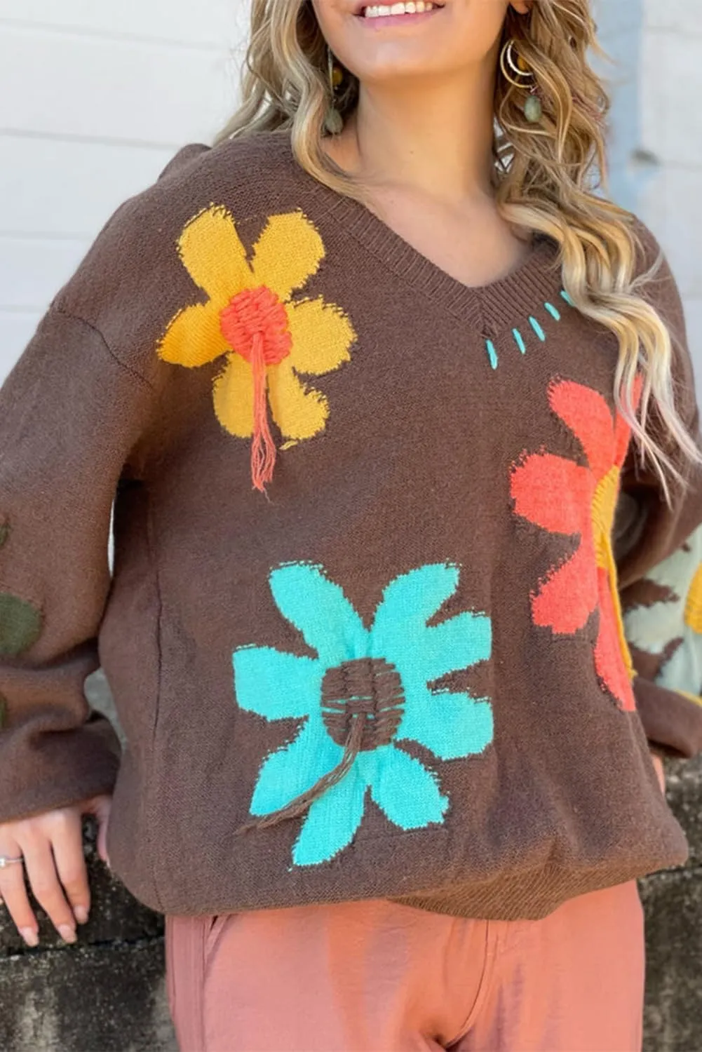 EARKOHA Womens Winter Sweater Top 2024 Long Sleeve Fall Casual V Neck Coffee Big Flower Pattern V Neck Drop Shoulder Sweater