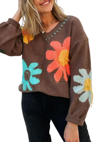 EARKOHA Womens Winter Sweater Top 2024 Long Sleeve Fall Casual V Neck Coffee Big Flower Pattern V Neck Drop Shoulder Sweater