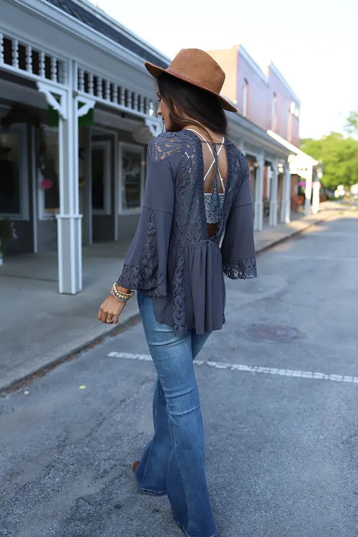 Everly Lace Detail Peasant Top - Grey