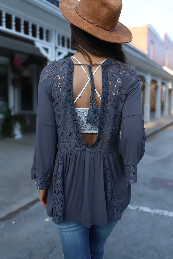 Everly Lace Detail Peasant Top - Grey