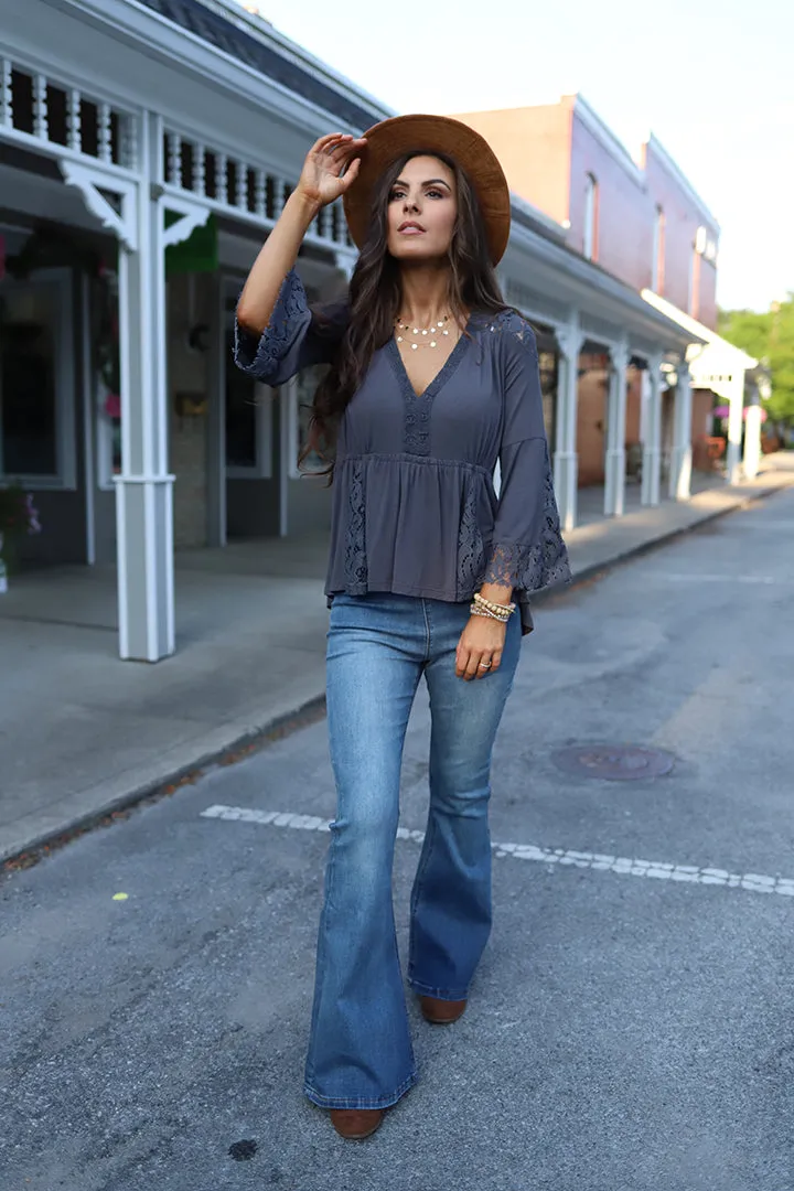 Everly Lace Detail Peasant Top - Grey