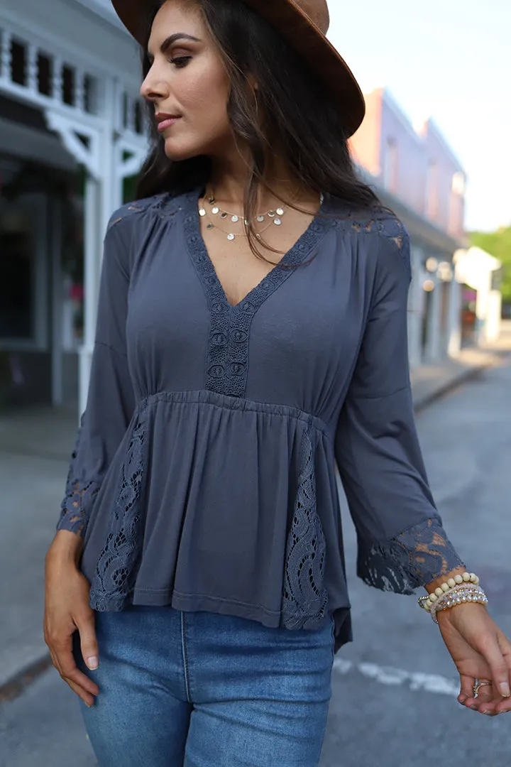 Everly Lace Detail Peasant Top - Grey