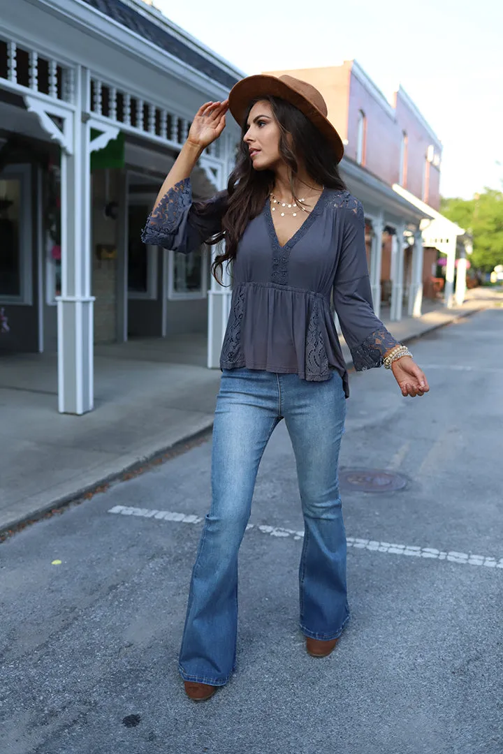 Everly Lace Detail Peasant Top - Grey