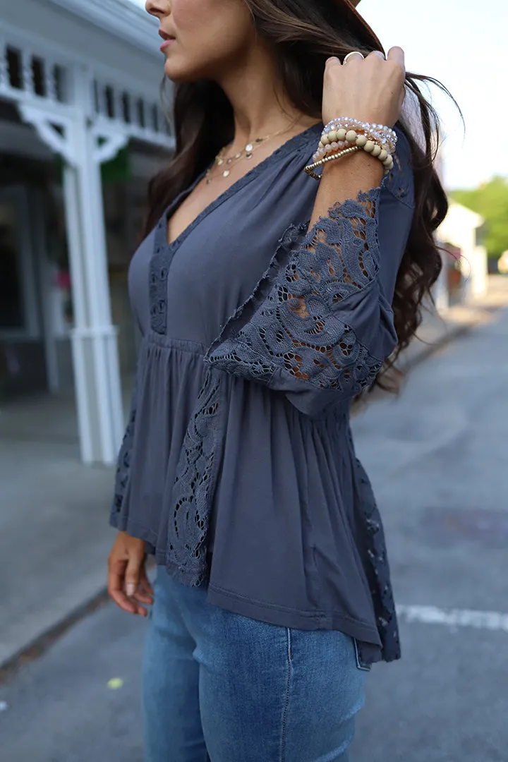 Everly Lace Detail Peasant Top - Grey