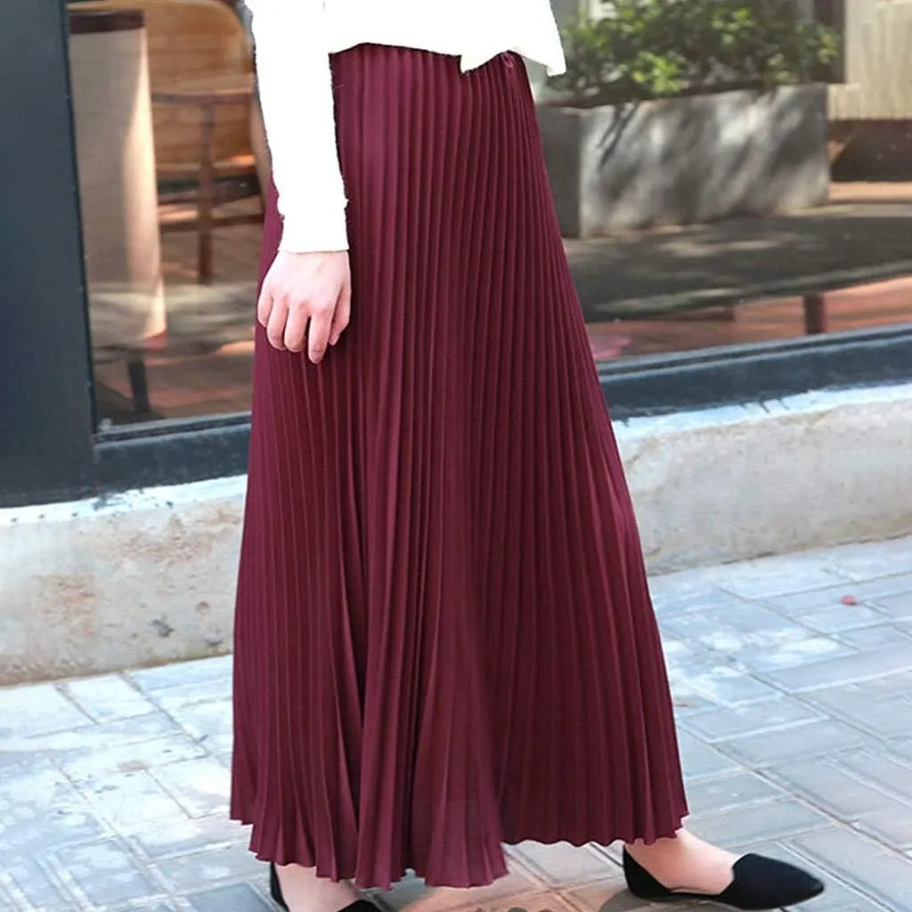 Falda Womens Solid Pleated Elegant Midi Elastic Waist Maxi Skirt