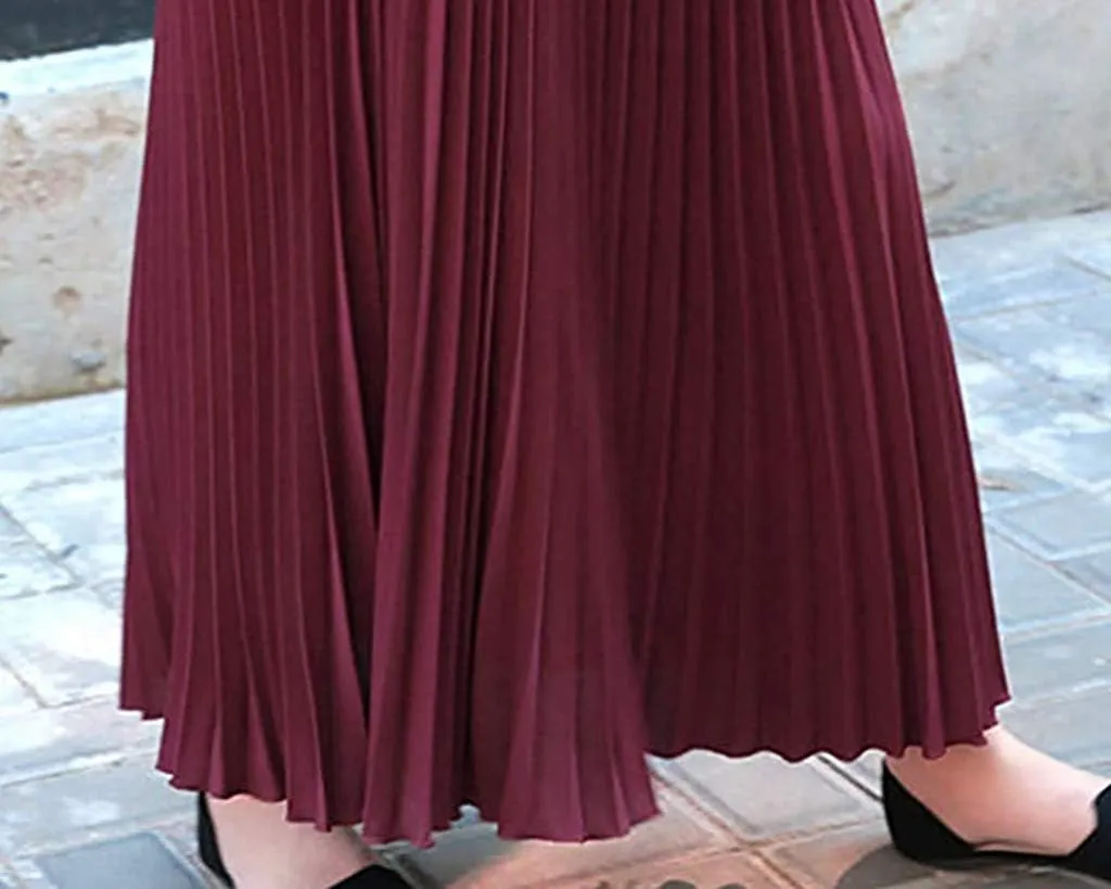 Falda Womens Solid Pleated Elegant Midi Elastic Waist Maxi Skirt
