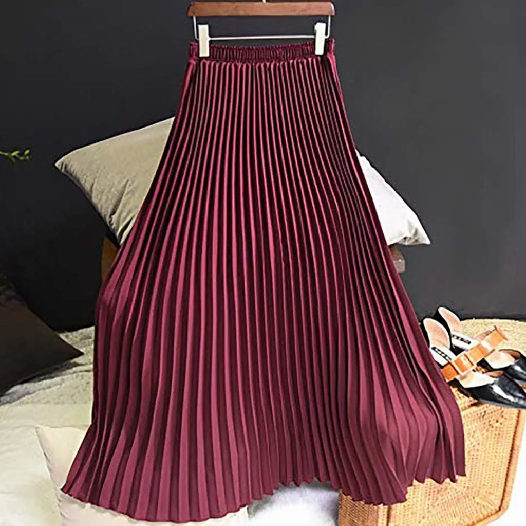 Falda Womens Solid Pleated Elegant Midi Elastic Waist Maxi Skirt