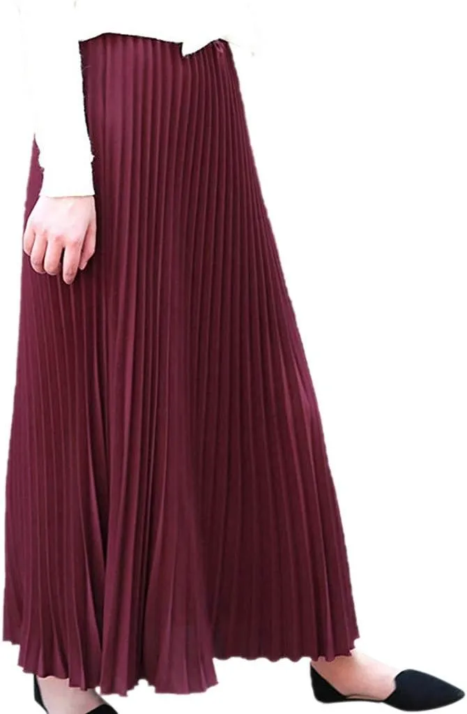 Falda Womens Solid Pleated Elegant Midi Elastic Waist Maxi Skirt