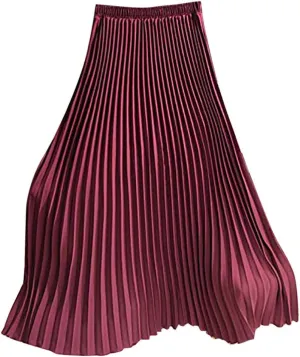 Falda Womens Solid Pleated Elegant Midi Elastic Waist Maxi Skirt