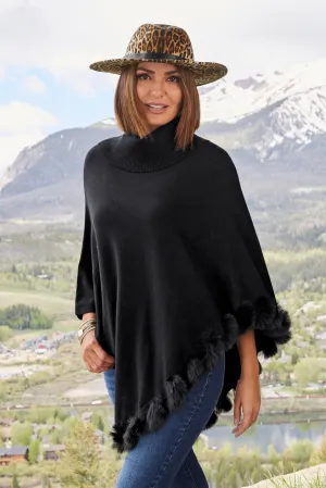 Faux Fur Trim Turtleneck Poncho Black