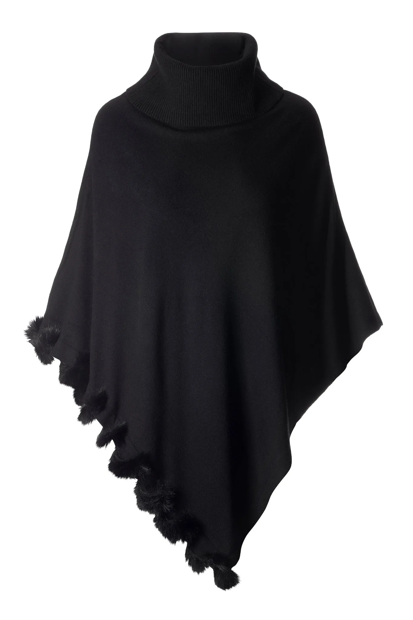 Faux Fur Trim Turtleneck Poncho Black