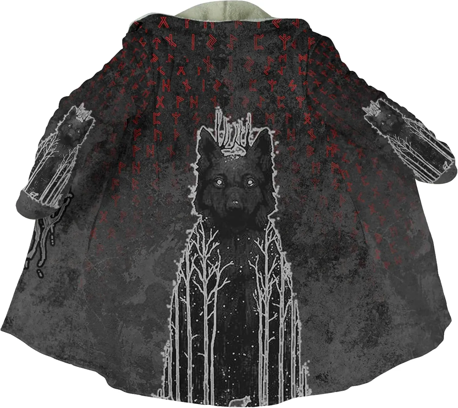 Fenrir Wolf Mythical Men's Winter Shearling Thick Warm Hooded Cloak Viking Tattoos Coats Mid-Length Trendy Coatume