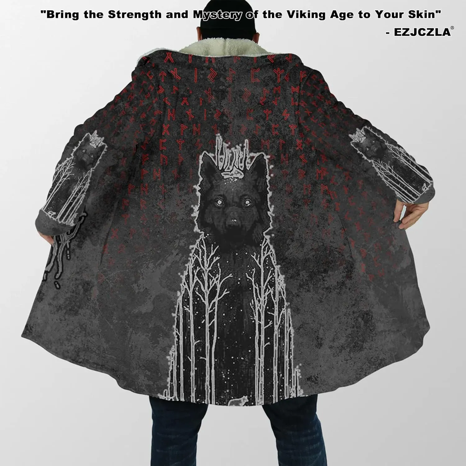Fenrir Wolf Mythical Men's Winter Shearling Thick Warm Hooded Cloak Viking Tattoos Coats Mid-Length Trendy Coatume