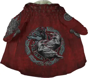 Fenrir Wolf Mythical Men's Winter Shearling Thick Warm Hooded Cloak Viking Tattoos Coats Mid-Length Trendy Coatume