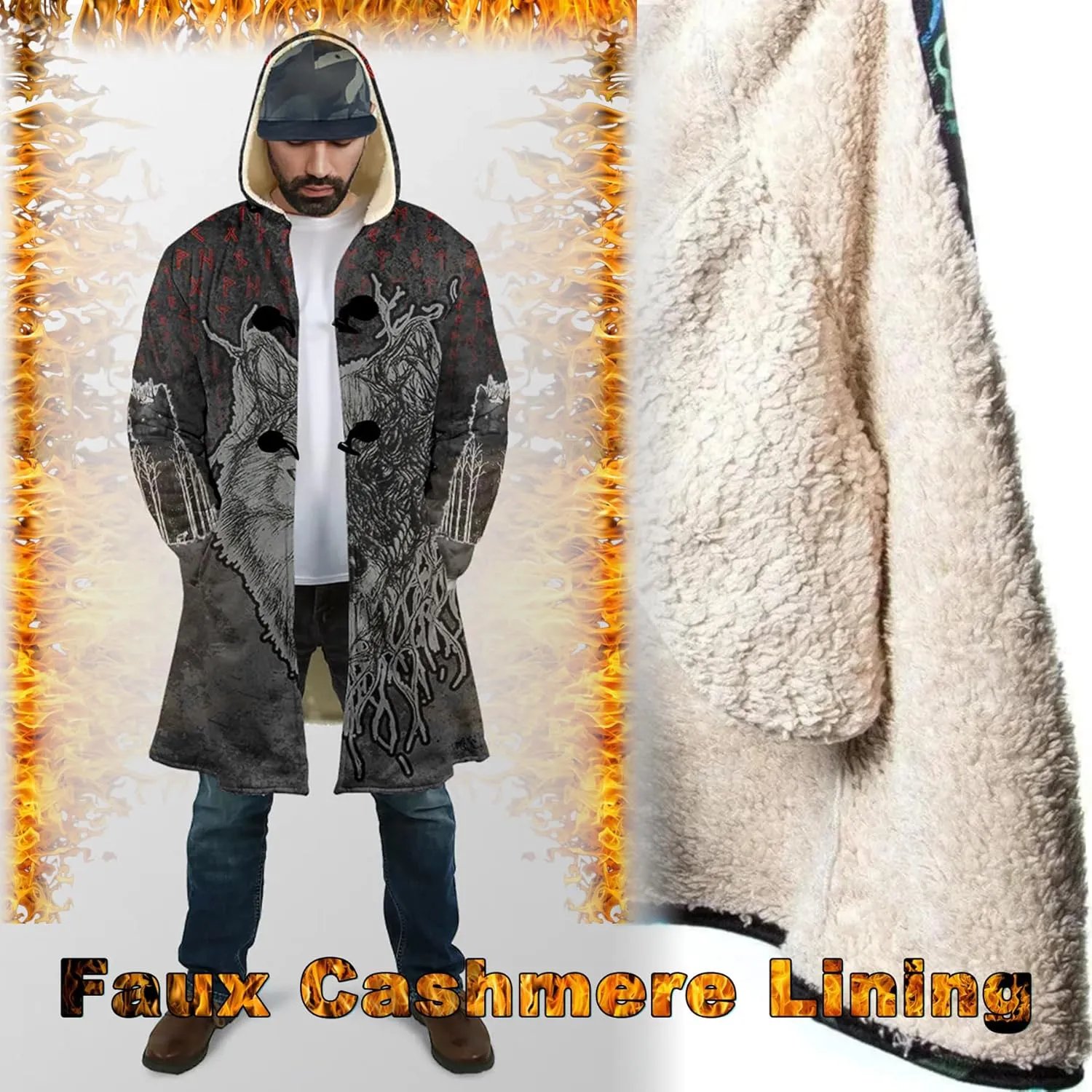 Fenrir Wolf Mythical Men's Winter Shearling Thick Warm Hooded Cloak Viking Tattoos Coats Mid-Length Trendy Coatume