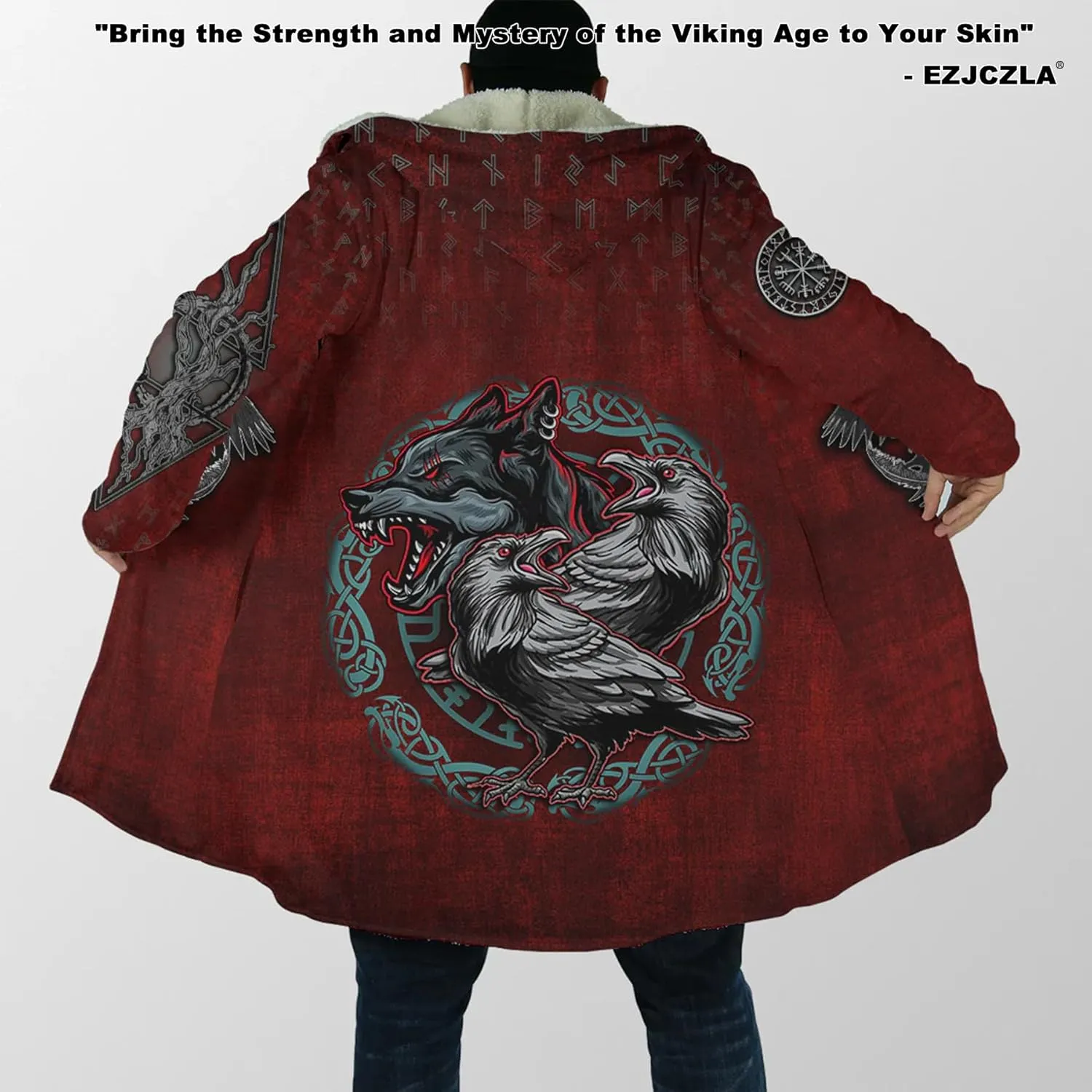 Fenrir Wolf Mythical Men's Winter Shearling Thick Warm Hooded Cloak Viking Tattoos Coats Mid-Length Trendy Coatume