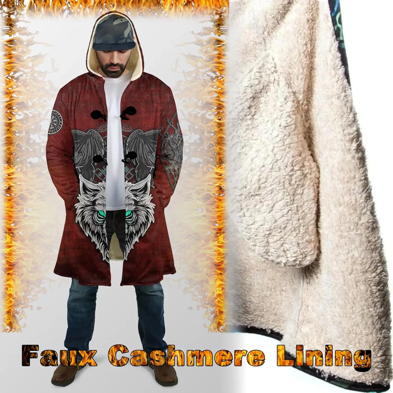 Fenrir Wolf Mythical Men's Winter Shearling Thick Warm Hooded Cloak Viking Tattoos Coats Mid-Length Trendy Coatume