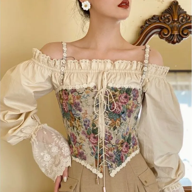 French Vintage Print Halter Tops Women Elegant Designer Chic Bandage